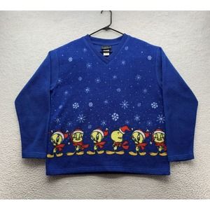 VTG Looney Tunes Sweatshirt Adult Medium Tweety Bird Loose Fit‎ V Neck Christmas